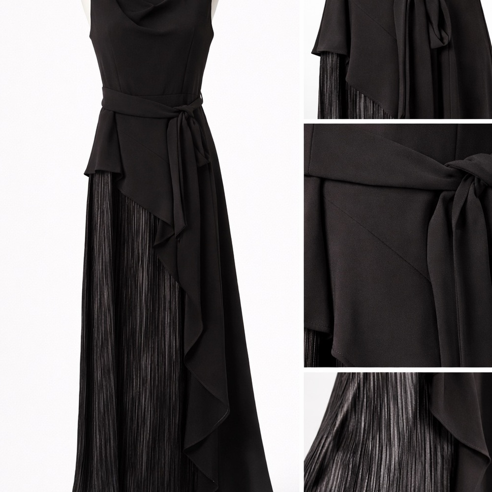 Dkny Black Maxi Dress with Draped Ruffle and Pleated Skirt